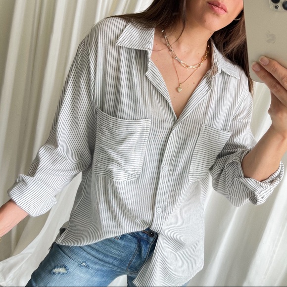 Classic Striped Button-Up Shirt—Ivory/Black - Picture 7 of 14